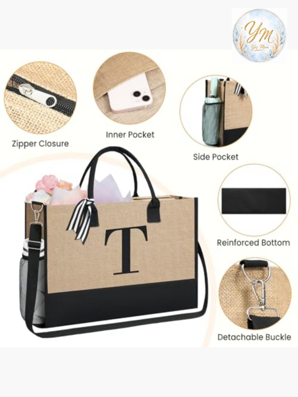 Monogrammed Initial Tote Bag with Matching Cosmetic Case, Top Zipper, Inner - Picture 6 of 7
